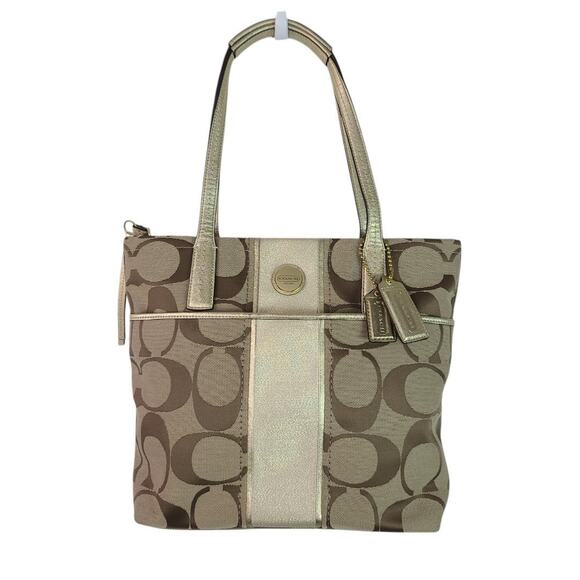 Coach Gold Tan Signature Stripe Logo Bag Purse Tote Satchel Shoulder Bag NEW - Picture 2 of 5